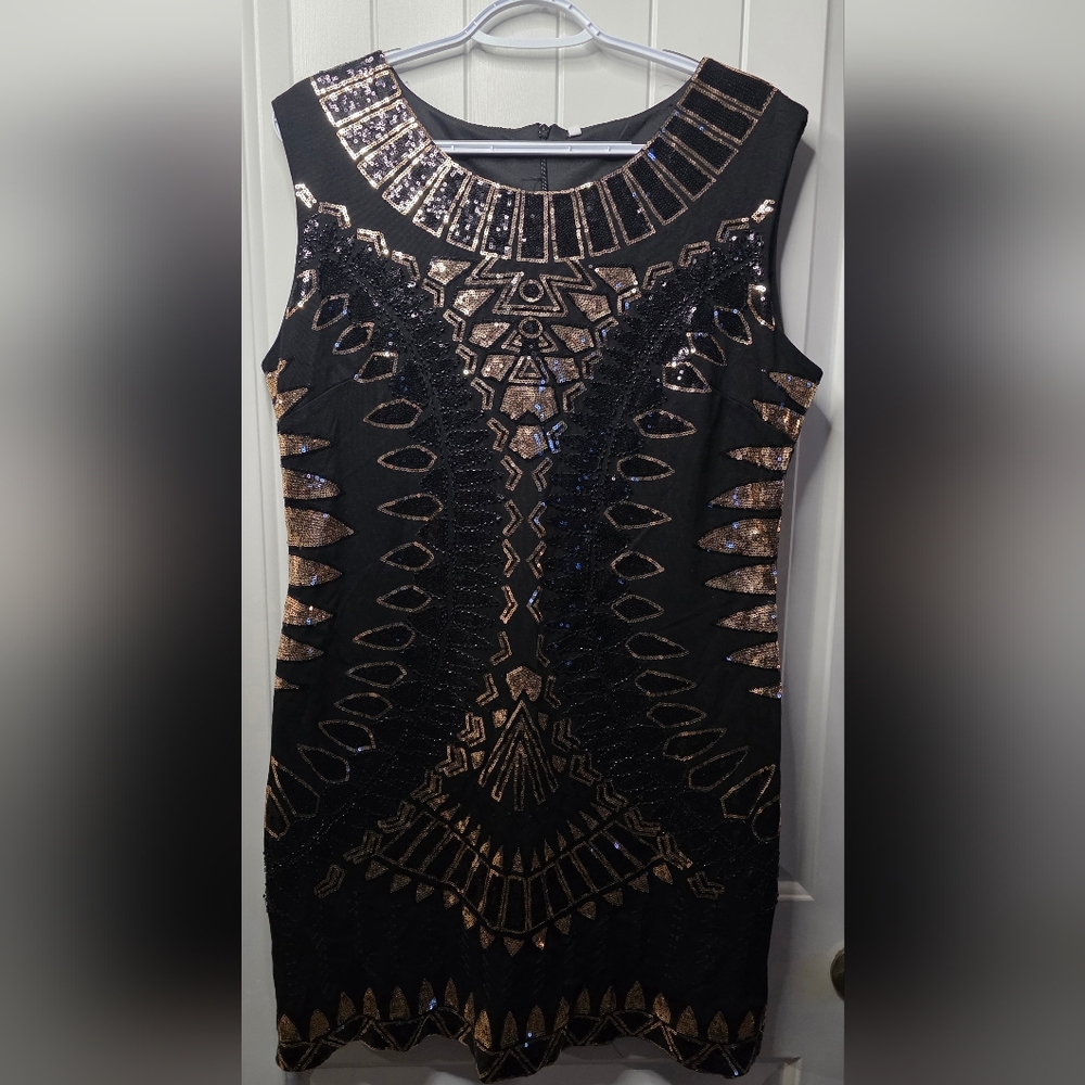 Flapper Speak Easy Vintage Inspired Sleeveless Black and Gold Sequin Dress New ❤